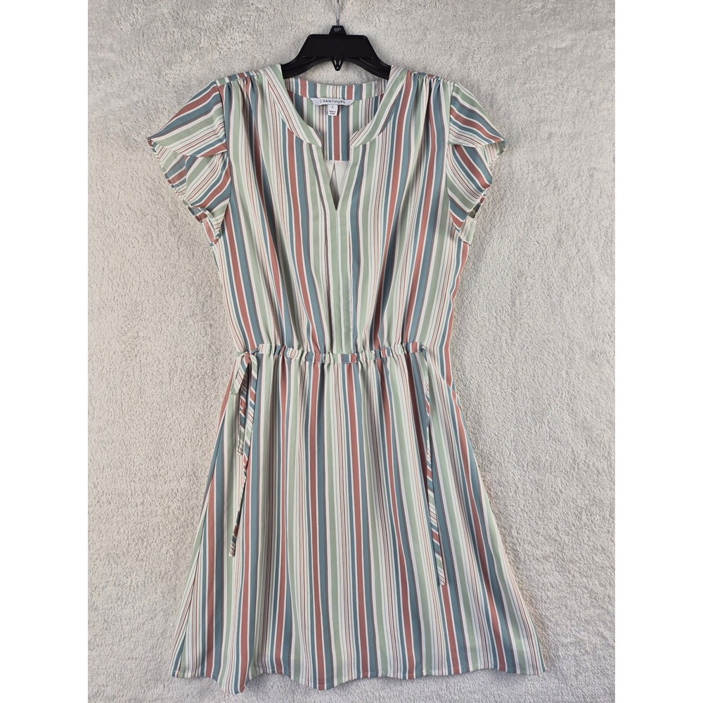 Hawthorn Women Striped Flutter Sleeve V-Neck Elastic Waist Tie Belt Dress Small